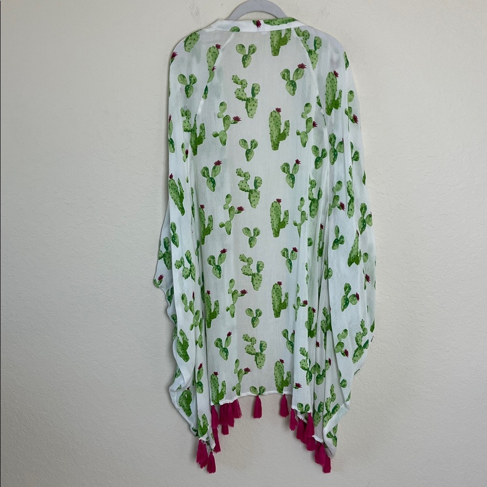Mud Pie Caitlin Tassel Kimono Cactus Lime Green Pink Beach Cover Up - Picture 4 of 9